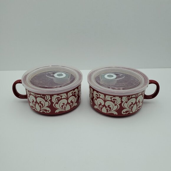 Cook's Essentials Red Soup Mugs Etched White on Red Chili Chowder Bowls - Picture 2 of 9